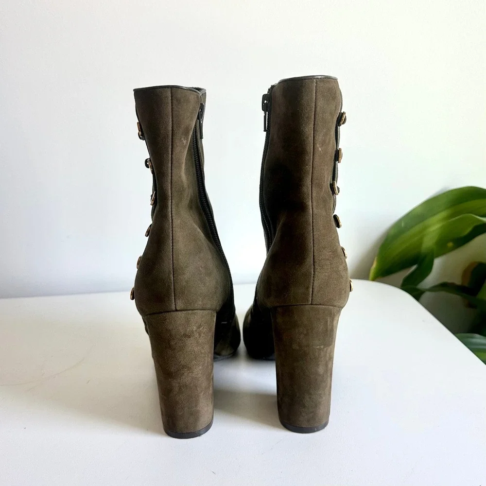 Guess Womens Olive Green Suede Ankle Boots Gold Button Block Heel Military Style